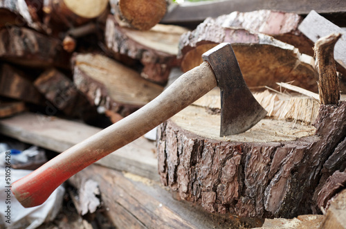 Wallpaper Mural Ax in the stump. Axe for cutting wood. Preparation of firewood for the winter. Selective focus, blurred background Torontodigital.ca