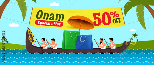 snakeboat carrying shopping bags under umbrella , kerala festival onam special offer concept photo