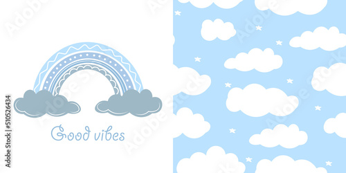 Good vibes. Cute greeting card with colorful rainbow and smiling cloud. Kids room poster, baby nursery, greeting card, clothing.