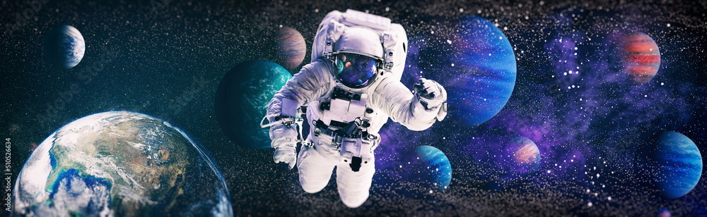 Astronaut in space in the solar system Earth. Blue light on background. Elements of this image furnished by NASA - obrazy, fototapety, plakaty 