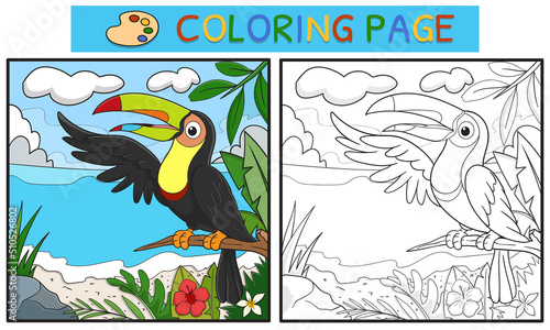 coloring pages or books for children. cute toucan illustration on beach background © wisnu_Ds