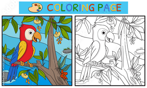 coloring pages or books for children. cute parrot illustration on forest background