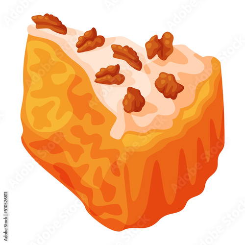 Cut Piece of Baked Pie with Walnut, Cream and Shortcrust Pastry Vector Illustration