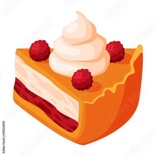 Cut Piece of Baked Pie with Raspberry on Top, Sweet Creamy Filling and Shortcrust Pastry Vector Illustration