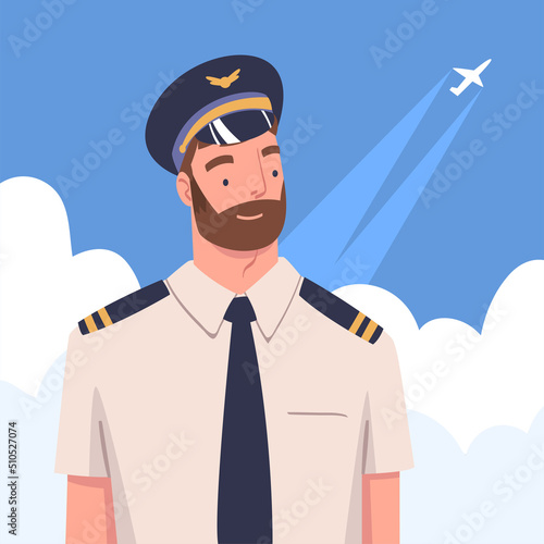 Bearded Man Aircraft Pilot or Aviator in Cap and White Shirt with Blue Sky Behind Vector Illustration