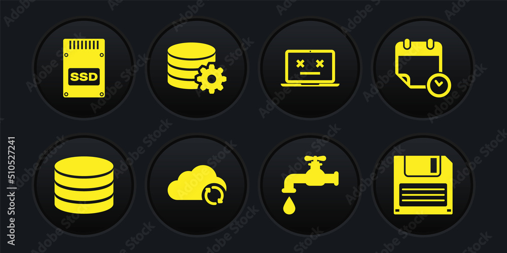 Set Database, Calendar and clock, Cloud sync refresh, Water tap, Dead laptop and Setting database server icon. Vector Set Database, Calendar and clock, Cloud sync refresh, Water tap, Dead laptop and Setting database server icon. Vector