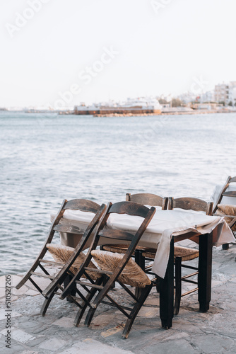 table and chairs on the beach of Crete  Greece