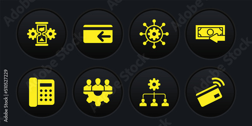Set Telephone, Cash back, Project team base, Lead management, and icon. Vector
