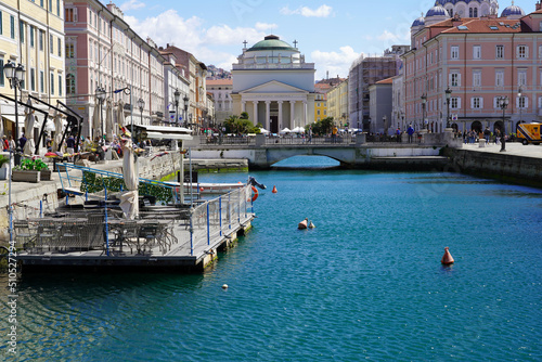 Gran Canal with Church of Sant'Antonio Taumaturgo on the background in Trieste, Italy