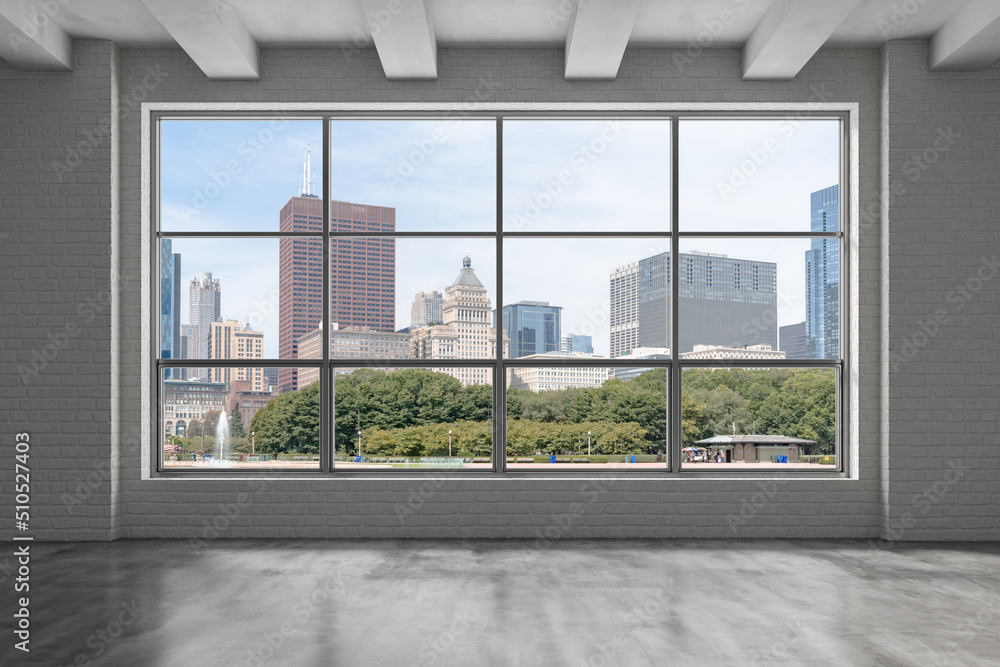 Fototapeta premium Downtown Chicago City Skyline Buildings from High Rise Window. Beautiful Expensive Real Estate overlooking. Empty room Interior Skyscrapers View in Penthouse Cityscape. Day time. 3d rendering.