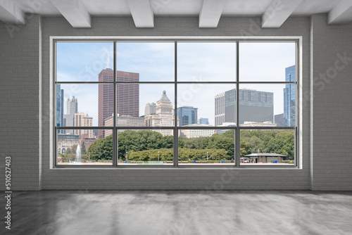 Downtown Chicago City Skyline Buildings from High Rise Window. Beautiful Expensive Real Estate overlooking. Empty room Interior Skyscrapers View in Penthouse Cityscape. Day time. 3d rendering.