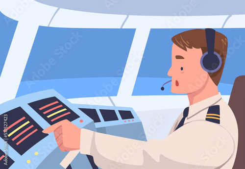 Man Aircraft Pilot or Aviator Sitting Inside Airplane Cabin at Control Panel Vector Illustration