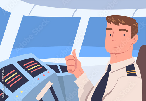 Man Aircraft Pilot or Aviator Sitting Inside Airplane Cabin at Control Panel Vector Illustration