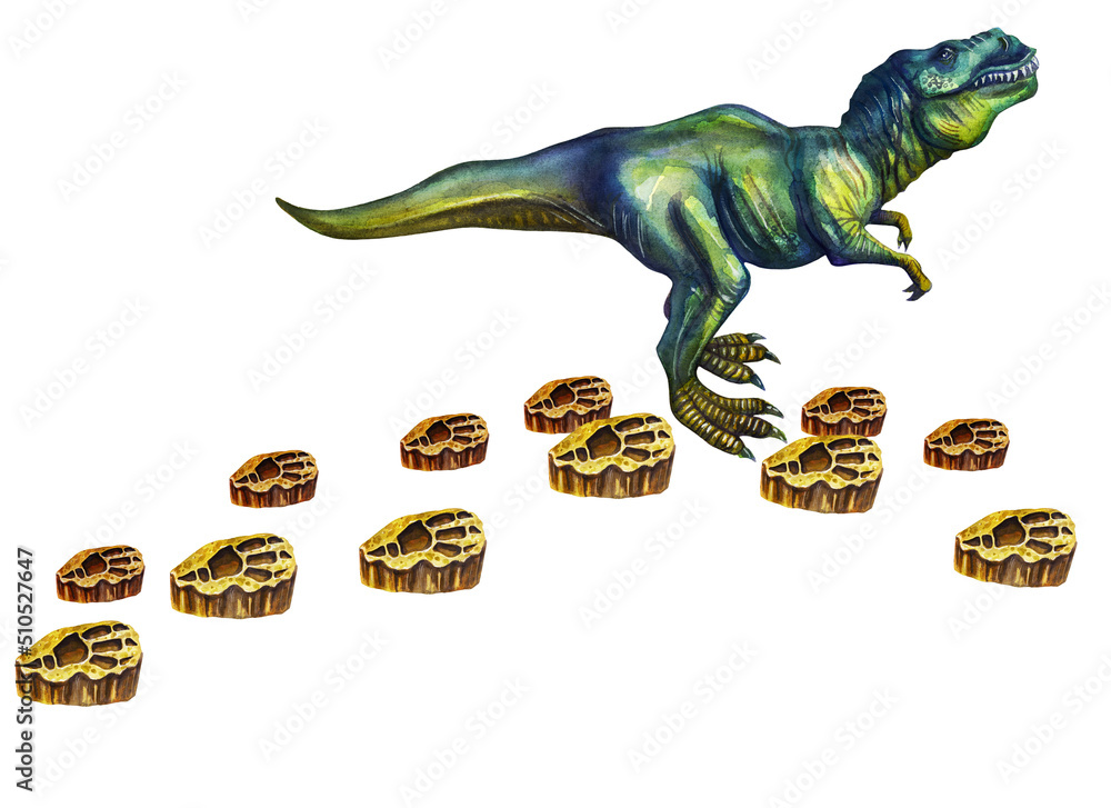 Fototapeta premium Tyrannosaurus dinosaur footprints. Fossils are prehistoric. Traces in minerals. Watercolor drawing.