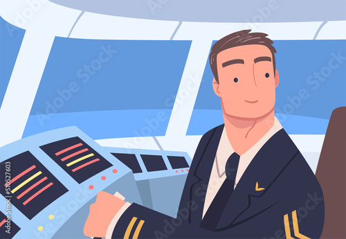 Man Aircraft Pilot or Aviator Sitting Inside Airplane Cabin at Control Panel Vector Illustration
