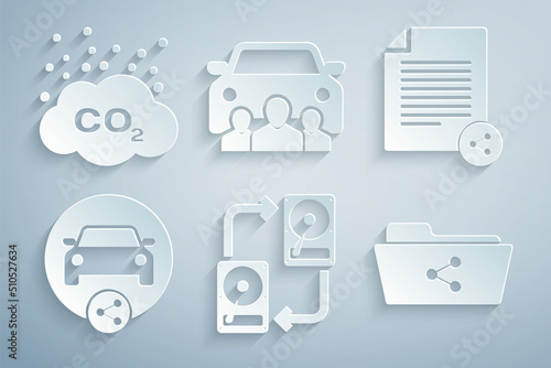 Set Data exchange with hhd, Share file, Car sharing, folder, and CO2 emissions cloud icon. Vector