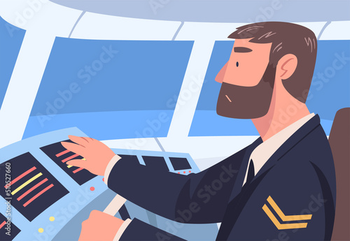 Bearded Man Aircraft Pilot or Aviator Sitting Inside Airplane Cabin at Control Panel Vector Illustration