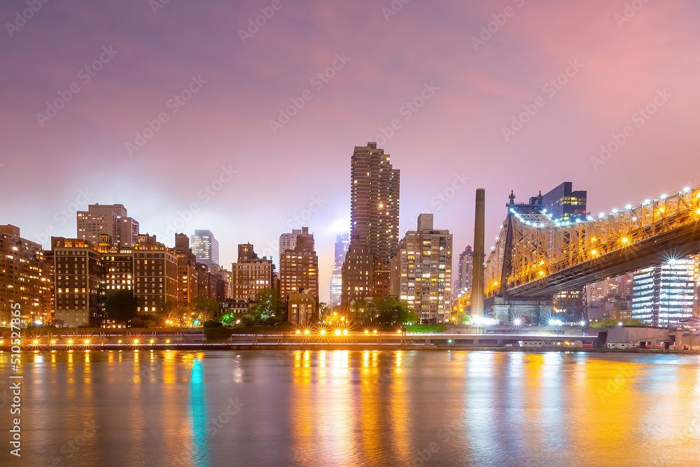 Manhattan city skyline cityscape of New York with Queen Bridge