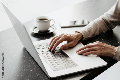 Woman hands typing on computer keyboard closeup  businesswoman or student girl using laptop at home  online learning  internet marketing  working from home  office workplace freelance concept