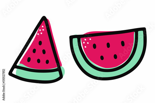 Watermelon slice isolated on white background. Doodle fresh kawaii fruit. Colorful bright summer juicy food. Hand-drawn sweet treat image. Cute red, pink melon with seeds. Vector stock illustration