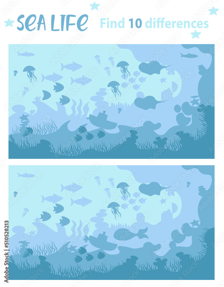 The submarine explores the depths of the sea. Marine life swims at the bottom of the sea.
  Find 10 differences. Educational game for children. Cartoon vector illustration