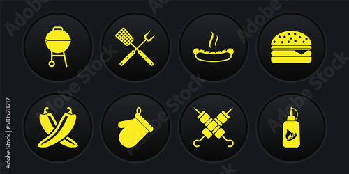 Set Crossed hot chili pepper pod, Burger, Oven glove, Grilled shish kebab, Hotdog sandwich, fork spatula, Ketchup bottle and Barbecue grill icon. Vector