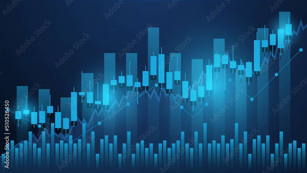 Financial business statistics with bar graph and candlestick chart show stock market price and effective earning on blue background Financial business statistics with bar graph and candlestick chart show stock market price and effective earning on blue background