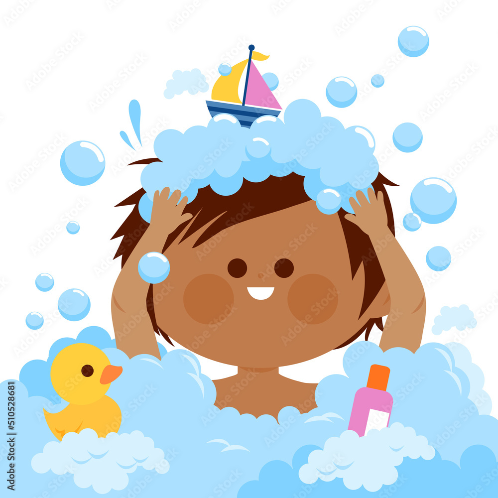 Little child taking a bubble bath and washing his hair. Vector