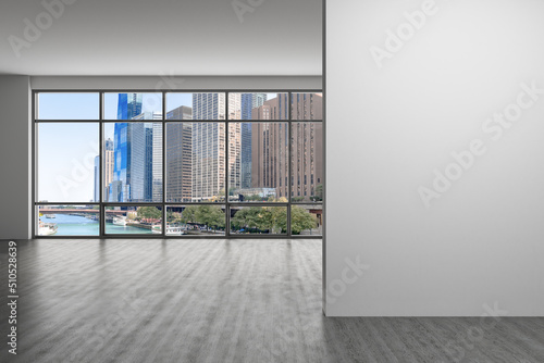 Downtown Chicago City Skyline Buildings Window background. Mockup empty copy space wall. Office room Interior Skyscrapers, River walk, bridge, waterfront view. Cityscape. Day. Ad concept. 3d rendering