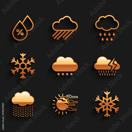 Set Cloud with snow, Fog and sun, Snowflake, rain lightning, and icon. Vector