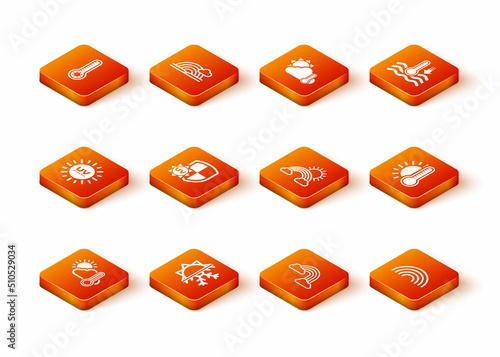 Set Thermometer and cloud, sun, Sun snowflake, UV protection, Rainbow with clouds, and icon. Vector