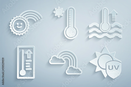 Set Rainbow with clouds, Water thermometer, Meteorology, UV protection, and sun icon. Vector