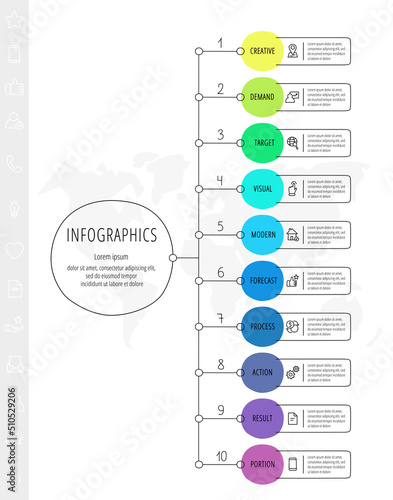 Vector circle thin line infographics with 10 options. Scheme modern business timeline template with ten steps and icons. Graphic timeline for app, interface, web, diagram, banner, presentations