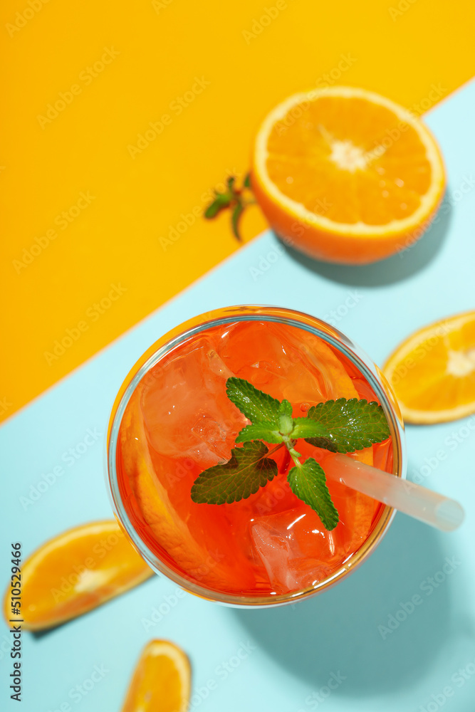 Concept of fresh alcohol drink, Aperol Spritz, top view Concept of fresh alcohol drink, Aperol Spritz, top view
