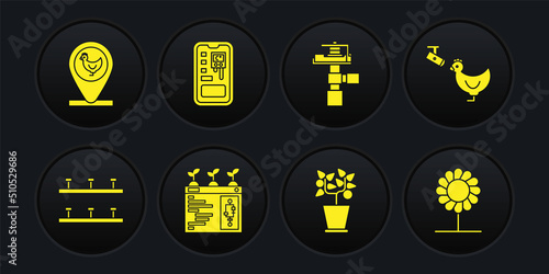 Set Automatic irrigation sprinklers, Chicken farm and camera, Smart farming technology, Plant pot, control system, Flower and location icon. Vector