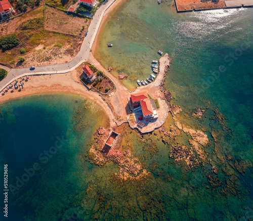 Straight down view of Kardamyli port. Colorful morning seascape of Ionian sea. Splendid outdoor scene of Peloponnese peninsula, Greece. Traveling concept background.