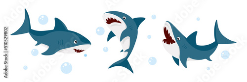 Vector illustration of cute and beautiful sharks on white background. Charming characters in different poses from below , side view and interesting looks and bubbles around in cartoon style.