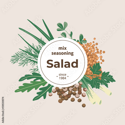 Seasoning cover concept spices for salads Allspice, Scallion, Fenugreek, Dill, Parsley, Arugula, Mustard. Top view. Flat style