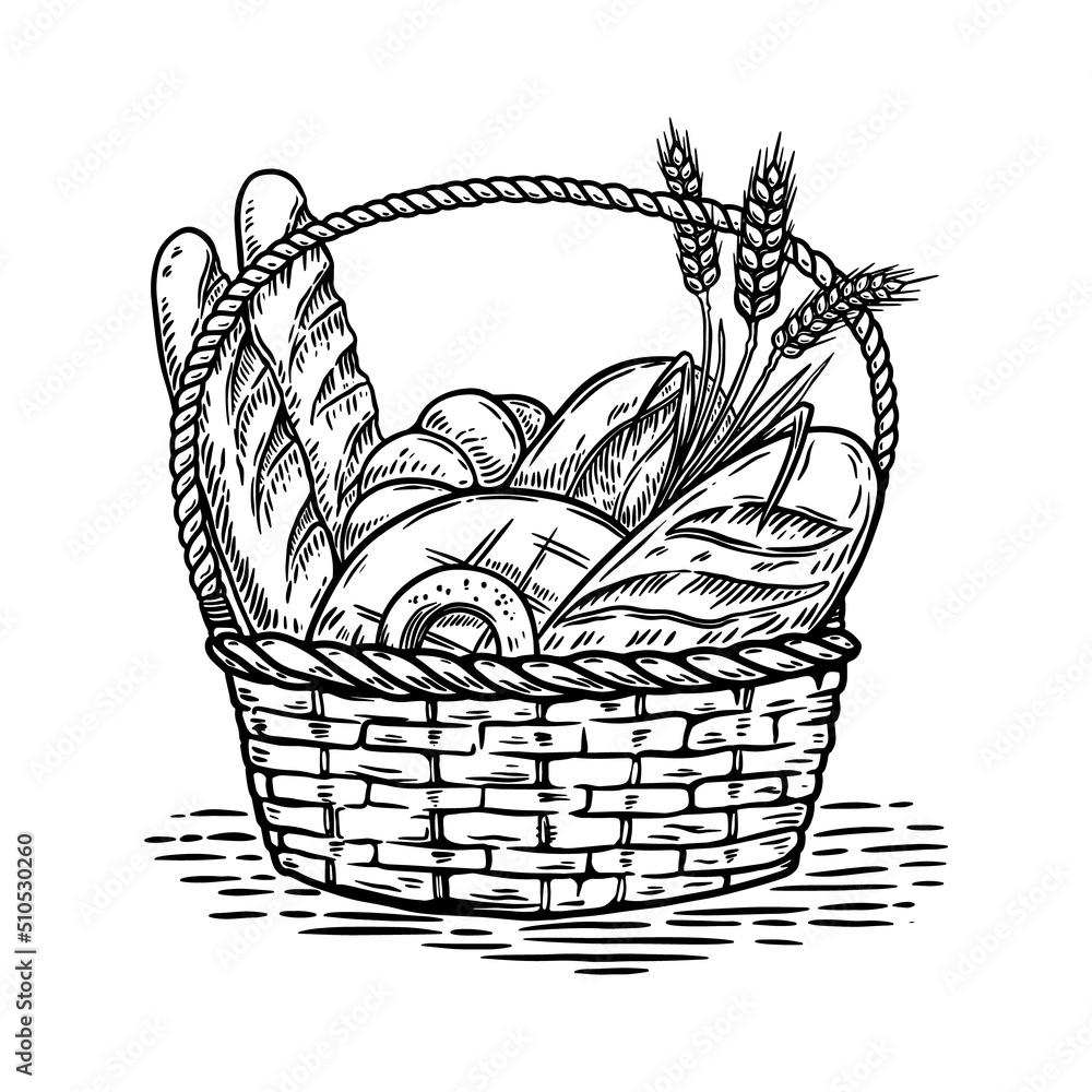 Hand drawn illustration of bakery basket with bread. Design element for ...