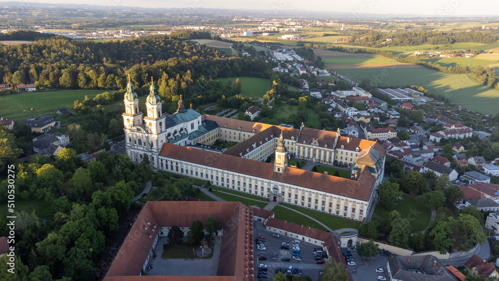 Monastary of Saint Florian (Sankt Florian) in upper Austria in the evening sun - aerial shot