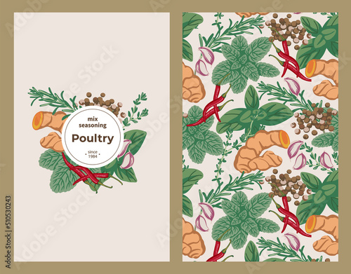 Label cover and seamless pattern seasoning for poultry Basil, Ginger, Chili pepper, Garlic, Allspice, Rosemary, Mint, Turmeric, Thyme. Flat style