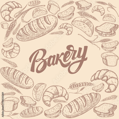 Bakery background with hand drawn bread illustrations. Design element for package, banner, flyer, card. Vector illustration