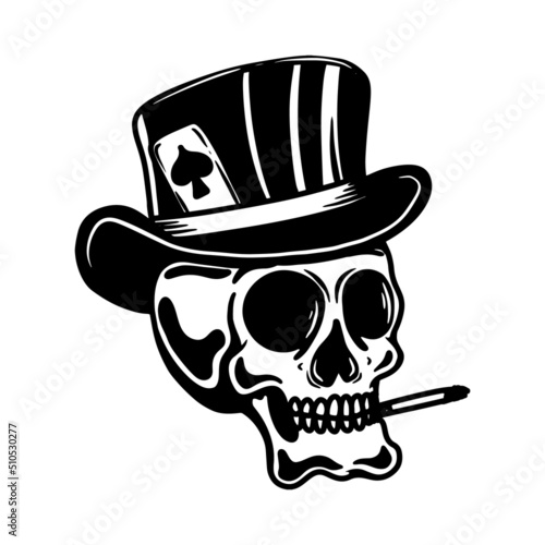 Illustration of poker skull in vintage hat.  Design element for poster, card, banner, emblem, sign. Vector illustration