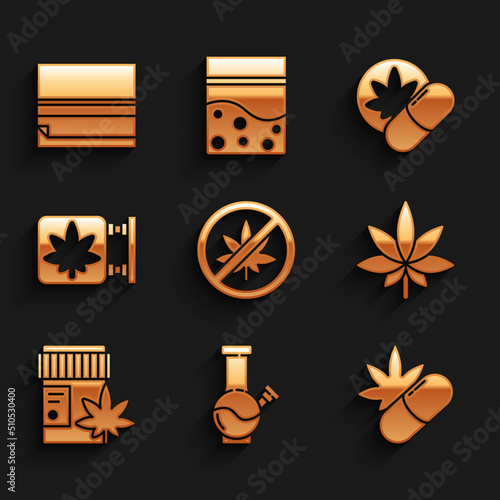 Set Stop marijuana or cannabis leaf, Glass bong for smoking, Medical pills with, Marijuana, bottle, and store, Herbal ecstasy tablets and Rolling paper icon. Vector