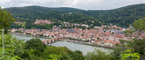 High angle panorama view on the city of Heidelberg. With Heidelberg castle and the old bridge.