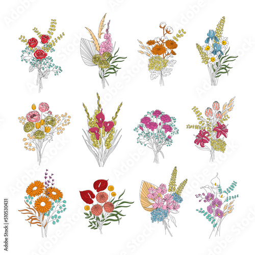 A bouquet of flowers in minimalist graphics: Rose, Gerbera, Chrysanthemum, Tulip, Pion, Orchid, Narcissus, Calla, Iris, Gladiolus, Ranunculus, Dahlia, Carnation, Anthurium, Alstroemeria. Line art.