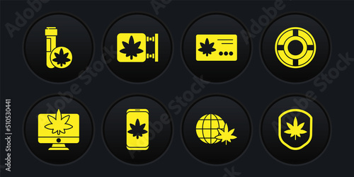 Set Monitor and marijuana or cannabis, Ashtray, Mobile, Legalize globe, Calendar leaf, Marijuana store, Shield and Chemical test tube with icon. Vector