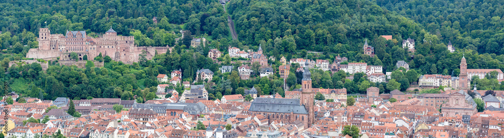 Panorama with Heidelberg's landmarks: Heidelberg Palace, the church of the holy spirit (Heiliggeistkirche) and the catholic church of the Jesuits.
