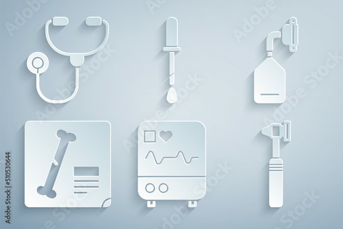 Set Monitor with cardiogram, Medical oxygen mask, X-ray shots, otoscope tool, Pipette and Stethoscope icon. Vector