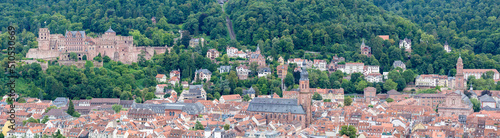 Panorama with Heidelberg's landmarks: Heidelberg Palace, the church of the holy spirit (Heiliggeistkirche) and the catholic church of the Jesuits. photo